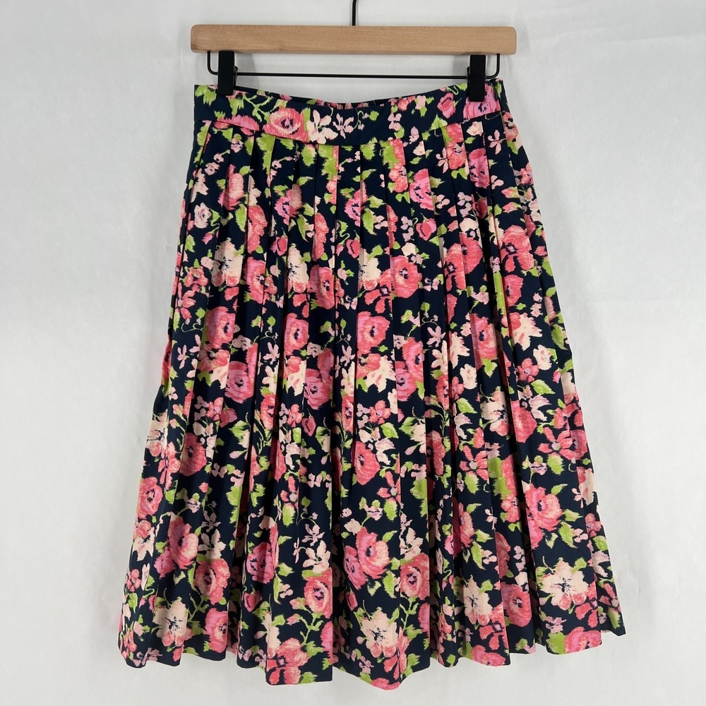 Brooks Brothers A-Line Skirt Women 2 Navy Pink Floral Cotton Pleated Side Zipper